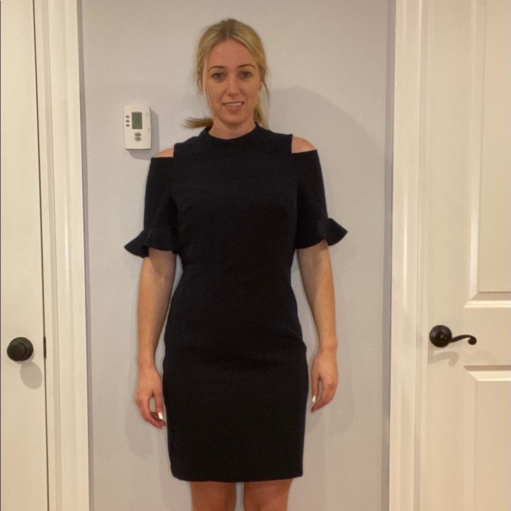 Navy Open Shoulder Pencil Dress